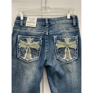 Telepatia Low Rise Bootcut Jeans Blue Embroidered Cross Pockets Size 11/30